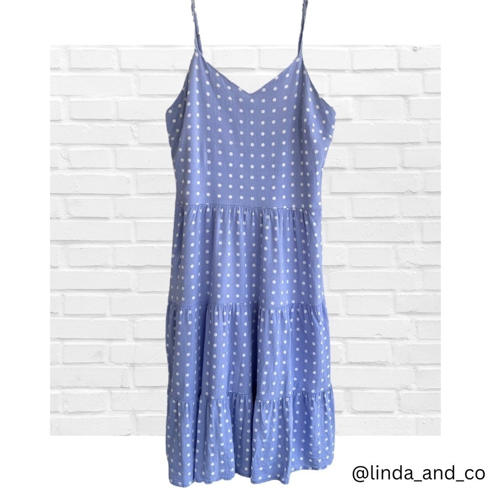 Monteau Med Spaghetti Strap Tiered Blue White Polka Dot Dress Girlhood Summer